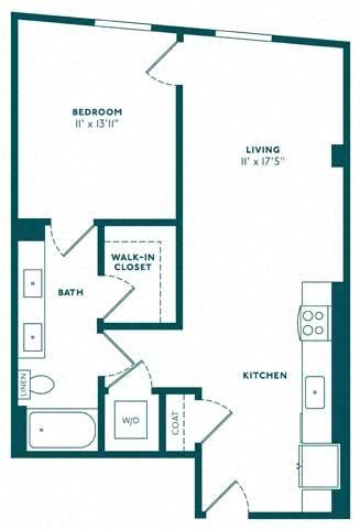 Floor plan for 1 bed, 1 bath, 747 sqft